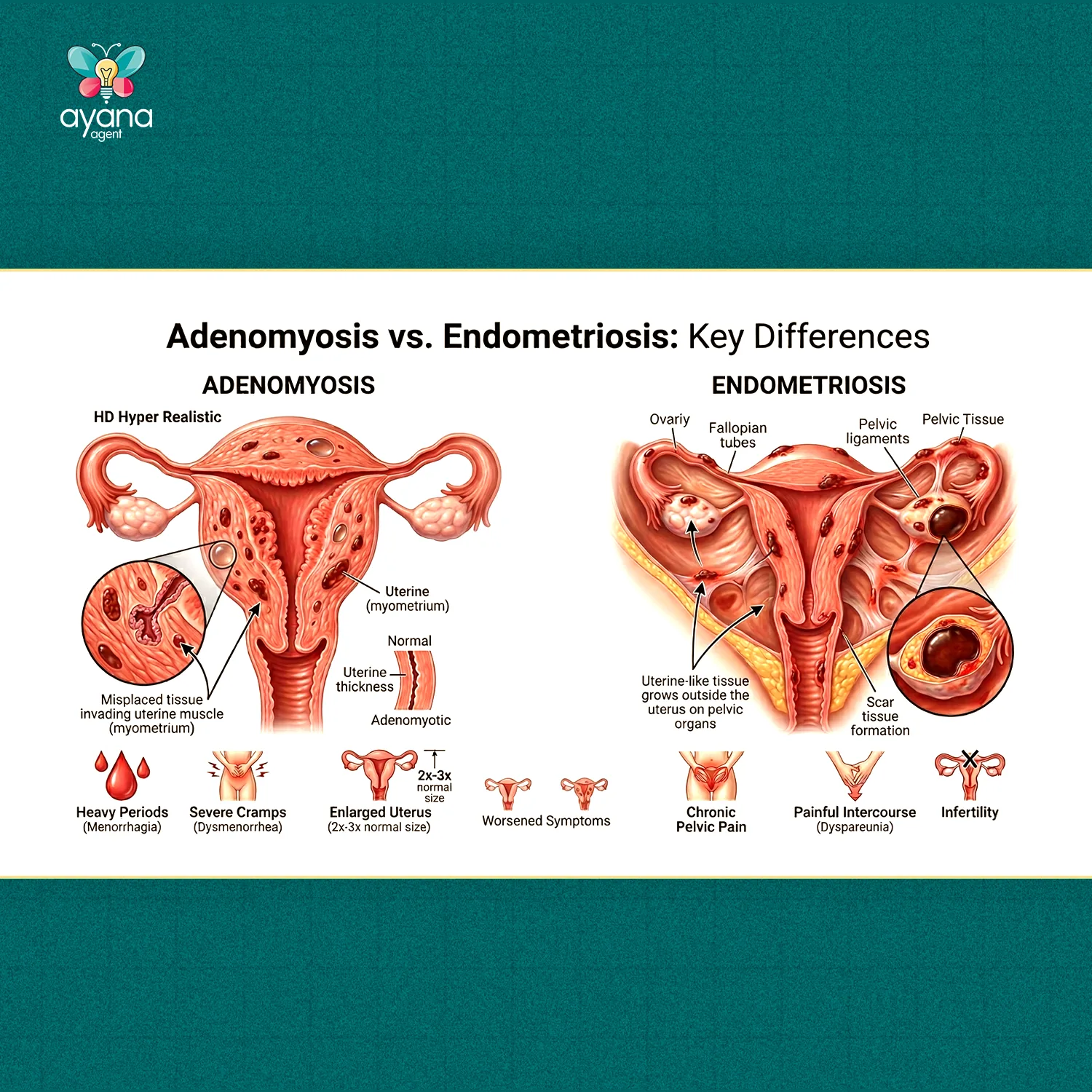 Medical illustration comparing adenomyosis and endometriosis, with symptoms listed for each: heavy periods, severe cramps, enlarged uterus, chronic pelvic pain, painful intercourse, infertility