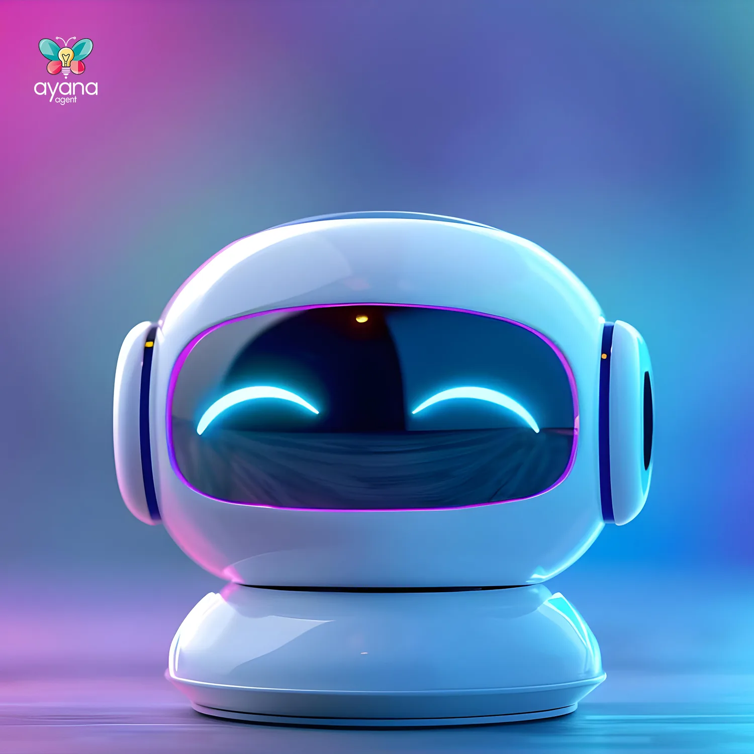 A small white robot with a dark visor and glowing, smiling eyes, standing on a round base against a pink and blue gradient, with the Ayana Agent logo in the corner