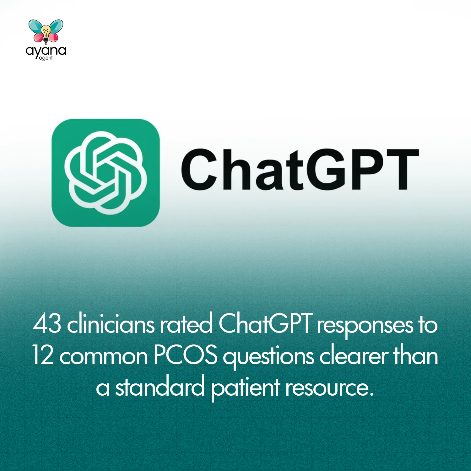 The ChatGPT logo above the words: 43 clinicians rated ChatGPT responses to 12 common PCOS questions clearer than a standard patient resource