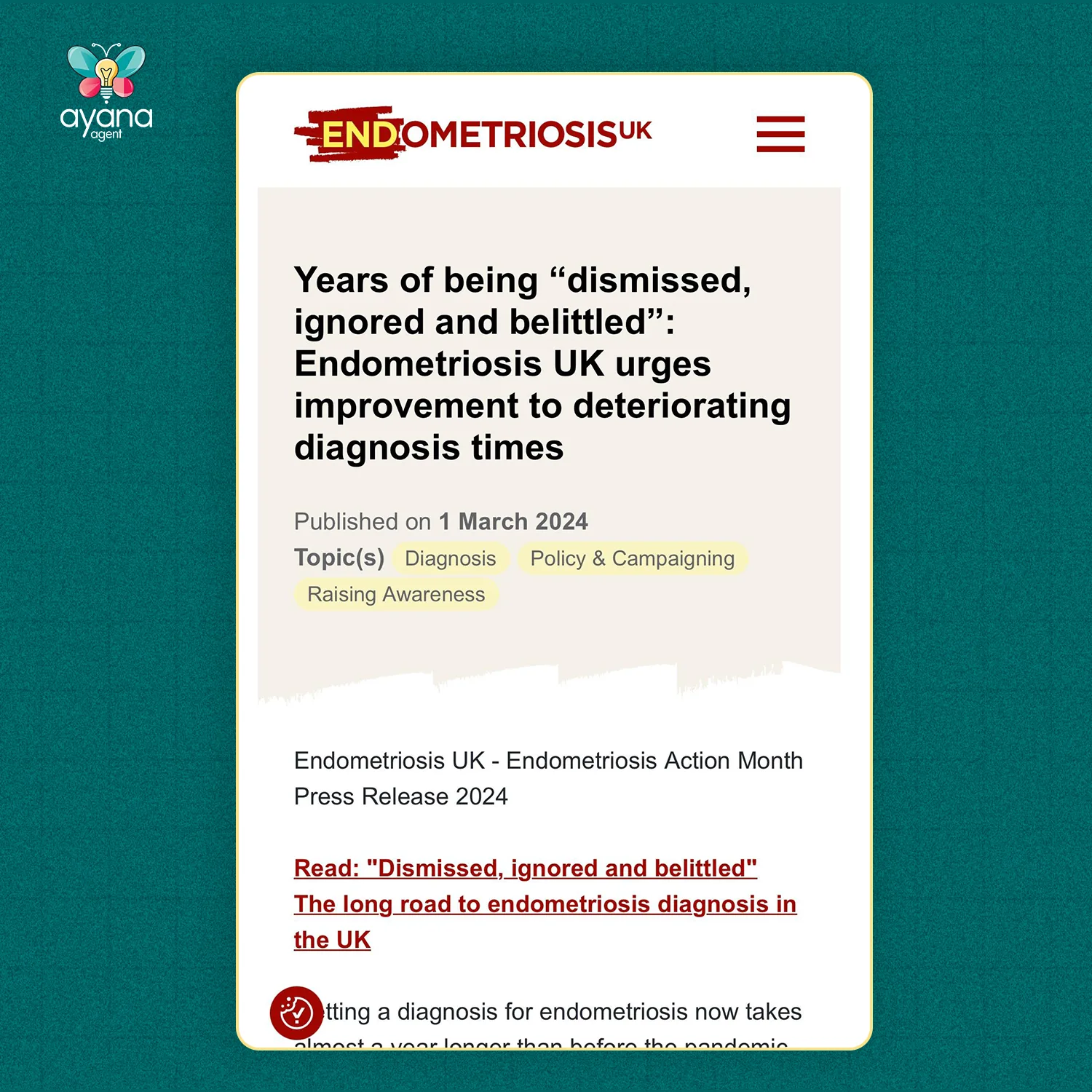 Endometriosis UK press release on a phone: Years of being "dismissed, ignored and belittled": Endometriosis UK urges improvement to deteriorating diagnosis times