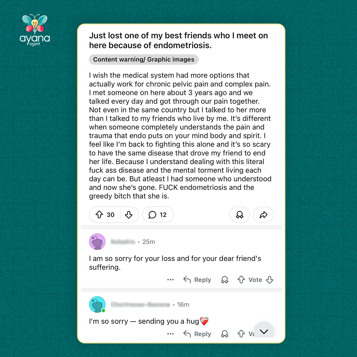 A Reddit post about losing a friend to endometriosis, followed by two replies offering condolences and nothing else
