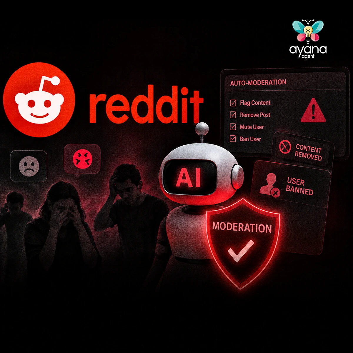 Illustration of an AI moderation robot with flag content, remove post, mute user and ban user controls over the Reddit logo