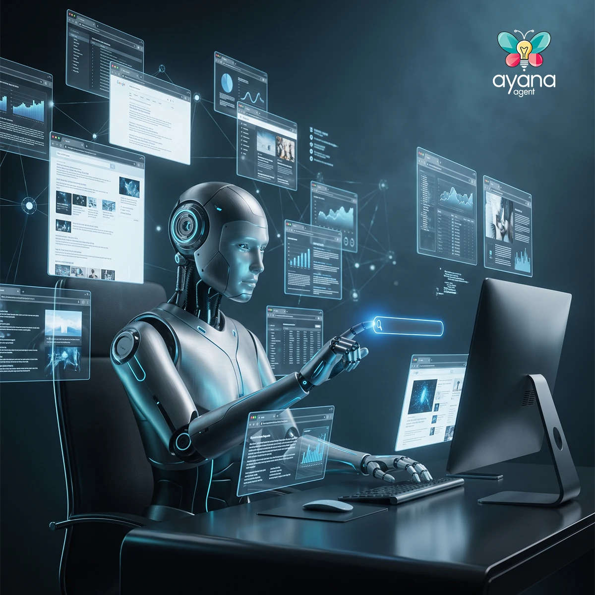 Illustration of a robot at a desk pulling the same handful of retrieved web pages across multiple screens
